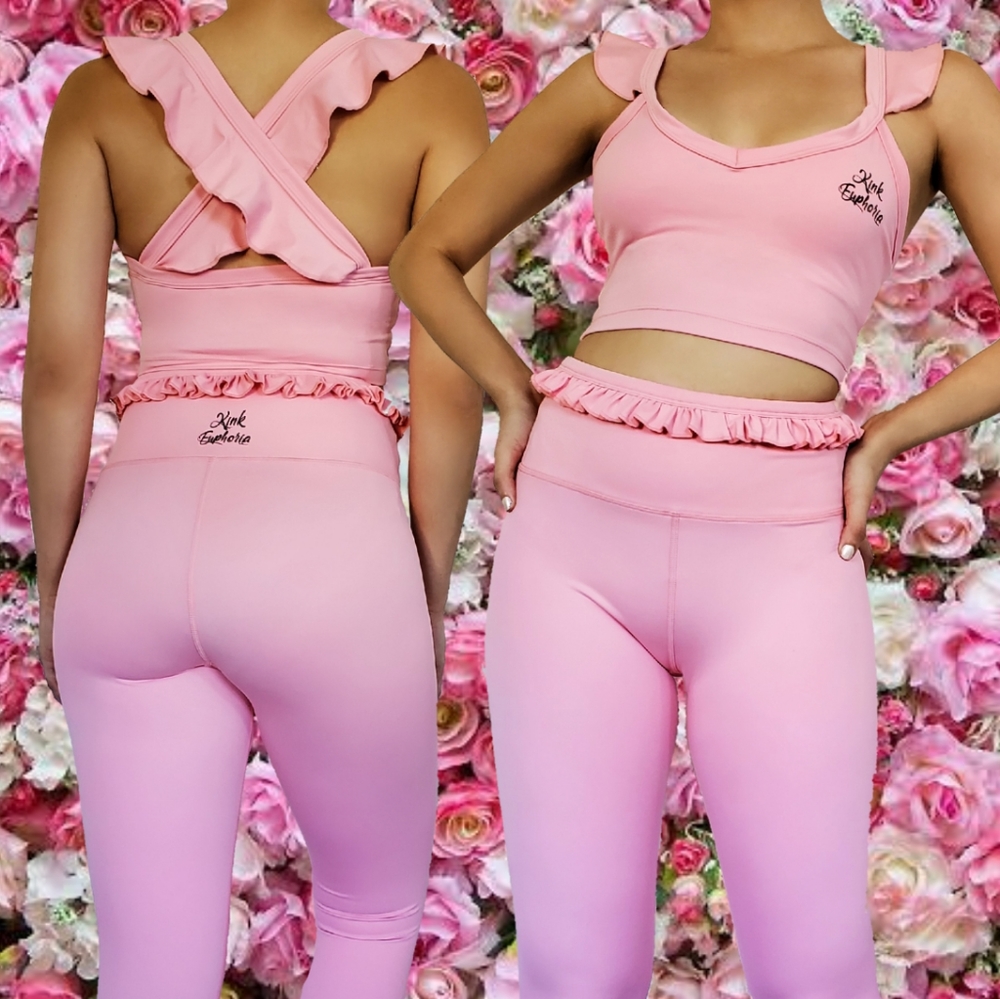 Pink Kink Euphoria Miss Ruffle Fitness Dance Yoga Workout Crop Top Leggings Set